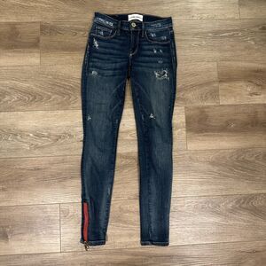 Distressed Dark Wash Red Ankle Zipper Stretch Skinny Jeans EM1010 Size 24